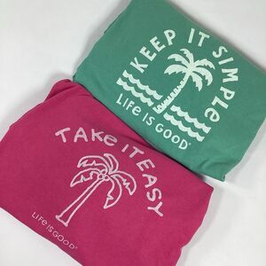 2 Life Is Good TShirt Beach Palm Tree Womens 2XL Crusher Tee Pink Green SS